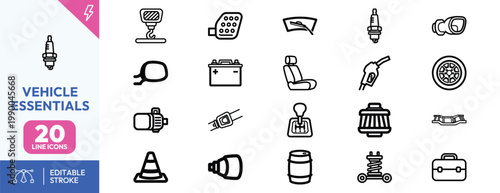 Professional collection of automotive line icons representing essential car parts maintenance and vehicle repair symbols