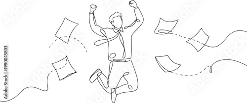 Single continuous line drawing male worker jumps accompanied by scattered paper. Amazing luck. Best marketer of the month. one line art icon drawing vector