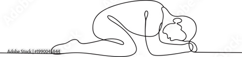 man lies on the floor in a fetal position, the concept of obesity, sleep in the fetal position. one line art icon drawing vector