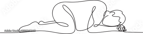 man lies on the floor in a fetal position, the concept of obesity, sleep in the fetal position. one line art icon drawing vector