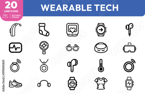 Set of twenty black and white linear icons representing modern wearable technology and smart devices