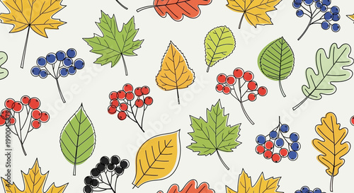 Autumn Leaves Pattern, Fall Berries, Hand-drawn Style, Seasonal Background