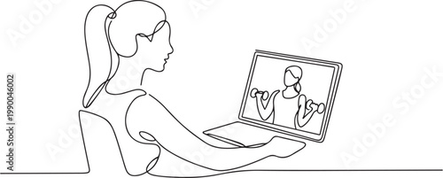 Woman looking at how to lift dumbbells from online classes in tab. one line art icon drawing vector