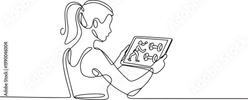 Woman looking at how to lift dumbbells from online classes in tab. one line art icon drawing vector