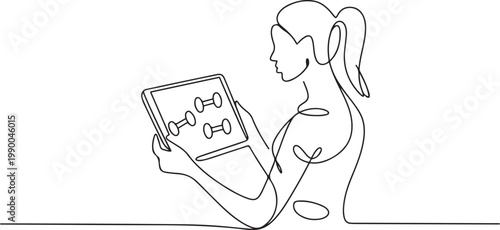 Woman looking at how to lift dumbbells from online classes in tab. one line art icon drawing vector