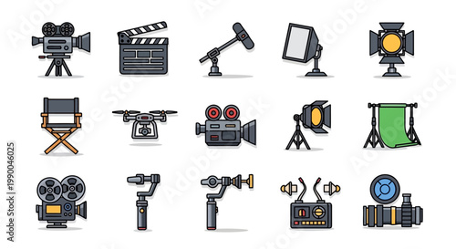 Set of 15 film production equipment icons in colorful flat vector style with thick black outlines. Includes camera, clapperboard, lighting, and audio tools. Clean, modern, no gradient