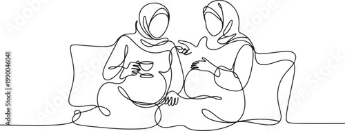 Single continuous line drawing two Arabic pregnant girls are sitting on couch. They drink tea, talk, share secrets. Friends, neighbors. one line art icon drawing vector