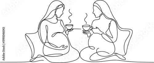 Single continuous line drawing two Arabic pregnant girls are sitting on couch. They drink tea, talk, share secrets. Friends, neighbors. one line art icon drawing vector