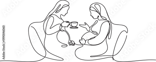 Single continuous line drawing two Arabic pregnant girls are sitting on couch. They drink tea, talk, share secrets. Friends, neighbors. one line art icon drawing vector