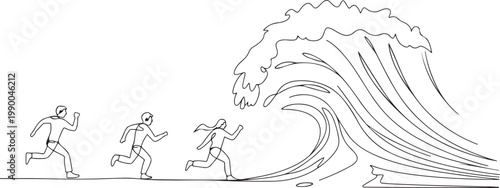 People are running away from the oncoming wave. Natural disaster. one line art icon drawing vector