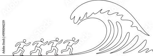 People are running away from the oncoming wave. Natural disaster. one line art icon drawing vector