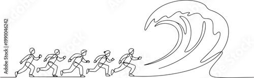 People are running away from the oncoming wave. Natural disaster. one line art icon drawing vector