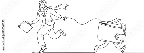 Continuous one line drawing fright Arab businesswoman being chased by wallet. Female manager losing business profit, losing money. one line art icon drawing vector