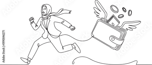 Continuous one line drawing fright Arab businesswoman being chased by wallet. Female manager losing business profit, losing money. one line art icon drawing vector