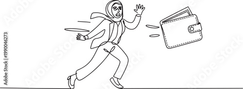 Continuous one line drawing fright Arab businesswoman being chased by wallet. Female manager losing business profit, losing money. one line art icon drawing vector