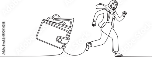 Continuous one line drawing fright Arab businesswoman being chased by wallet. Female manager losing business profit, losing money. one line art icon drawing vector