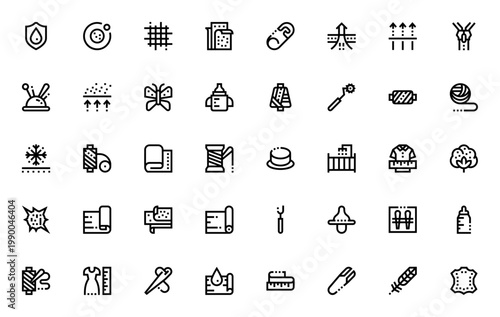 Sewing fabric and kids icon set. Vector illustration includes water resistant, zipper, safety pin, needle, thread, fabric, scissors and more. Editable stroke.