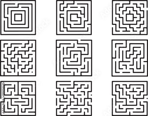 Square labyrinth puzzle collection, challenge with various complexity levels.