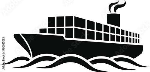 Black silhouette of a cargo ship on waves container ship