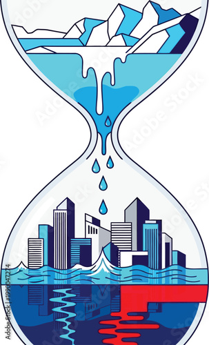Climate change hourglass vector illustration, melting arctic glaciers dripping into flooded city, global warming and rising sea levels concept