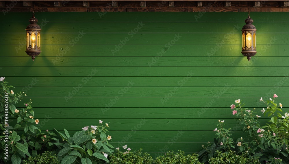Fototapeta premium Wall of a greenhouse featuring lanterns in the background.