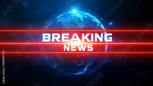 Breaking News Broadcast Opener with Digital Earth Globe and Red Light Beams on Dark Blue Background
