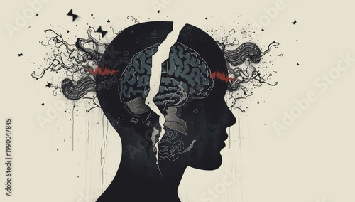 Fragmented head silhouette featuring dark aspects. Concept of chronic stress and mental well-being.