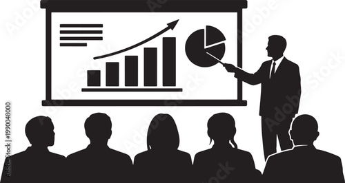 Businessman giving presentation to audience with graphs on screen