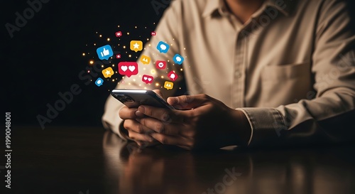 Person using a smartphone with social media icons and notifications appearing above the screen, illustrating engagement and online interaction.