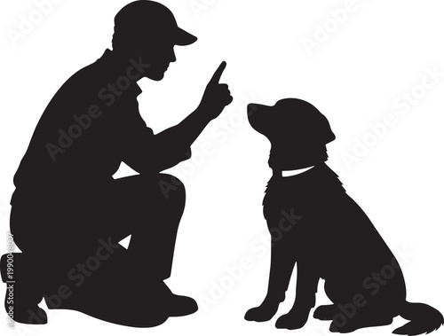 Silhouette of a man and dog sitting and interacting