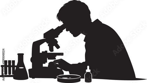 Silhouette of a person looking through a microscope with laboratory equipment on a table