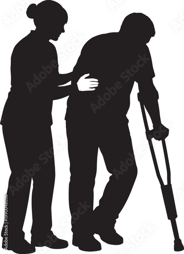 Silhouette of a woman assisting an injured man with a crutch