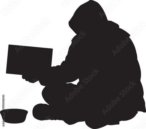 Silhouette of a homeless person sitting on the ground with a bowl and laptop