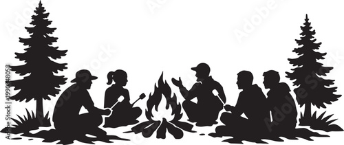 Silhouette of a group of people sitting around a campfire in the woods