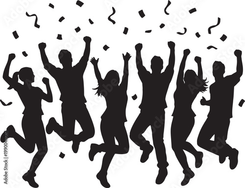 Silhouette of six people jumping with confetti in the air