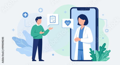 Telehealth medical appointment booking and health consultation via smartphone, flat vector illustration