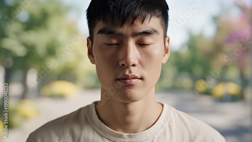 Wallpaper Mural Intense close-up portrait of a young Asian man with piercing gaze capturing his detailed facial features and strong brow line against a blurred backdrop Torontodigital.ca
