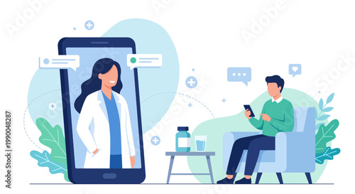 Telemedicine online doctor consultation on smartphone, patient using mobile health app, flat vector illustration