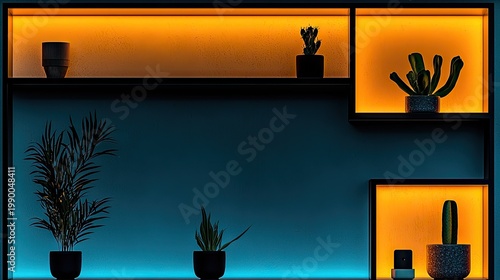 Decorative wall shelving unit displays various potted plants against a deeply colored blue surface illuminated by warm interior lighting