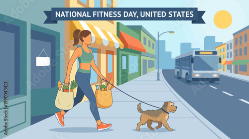 Woman Walking Dog and Carrying Groceries for National Fitness Day