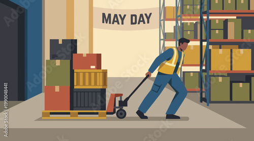Warehouse worker pulling pallet jack for May Day illustration