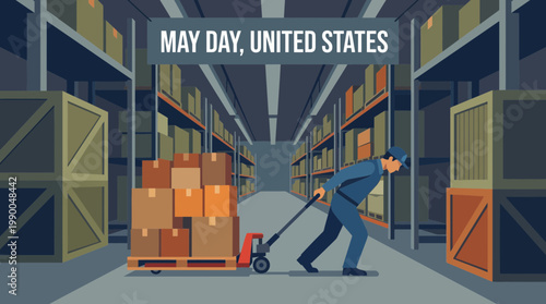 May Day United States Worker Pulling Heavy Load in Warehouse