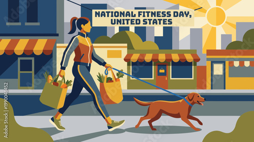 Woman Walking Dog and Carrying Healthy Groceries in Sunny Cityscape