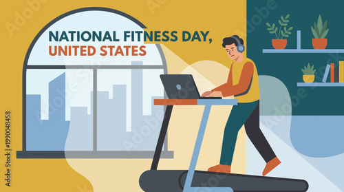 National Fitness Day USA illustration man working on treadmill desk