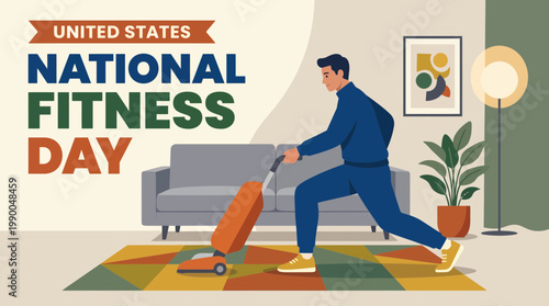 National Fitness Day Illustration with Man Lunging While Vacuuming