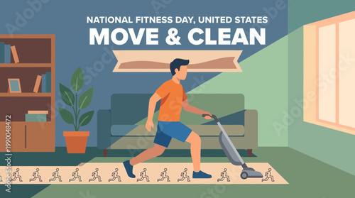 National Fitness Day Illustration of Man Exercising while Cleaning House