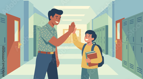 Teacher and student giving high five in school hallway illustration