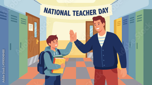 Happy male teacher and boy student high five for National Teacher Day