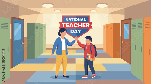 National Teacher Day Illustration with Student and Teacher High Five