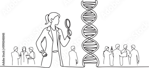 Single continuous line drawing female scientist standing near large DNA structure holding magnifier. Group research. one line art icon drawing vector